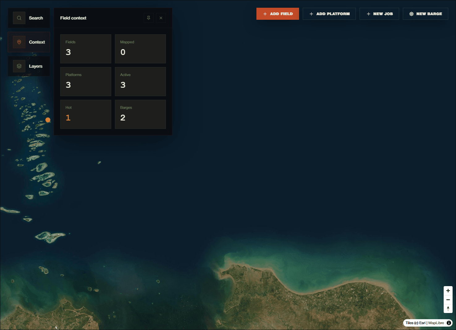 Fieldman map workspace with offshore field context, map layers, and job creation controls.