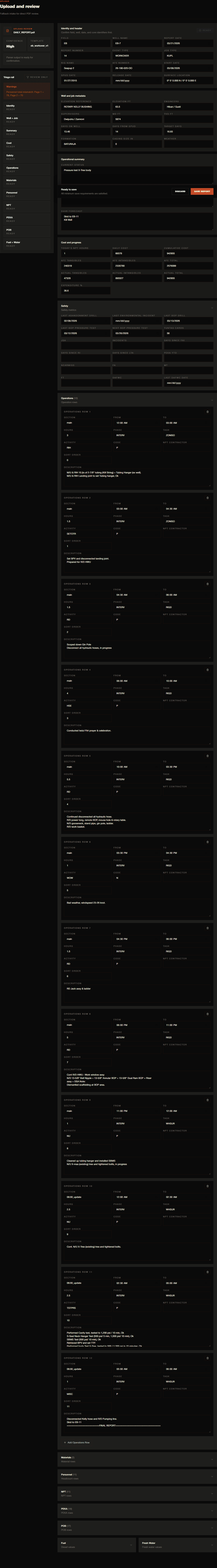 Fieldman upload review workspace with parser-assisted report intake, triage warnings, editable validation fields, and review sections.